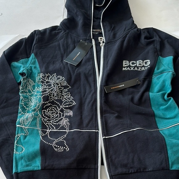 BCBG Max Azria Black track suit jacket and pants with floral Rhinestone Logo - Picture 7 of 16